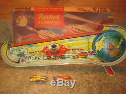 VINTAGE TECHNOFIX ROCKET EXPRESS TIN WIND-UP TOY With 2 CARS GERMANY ORIGINAL BOX