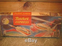 VINTAGE TECHNOFIX ROCKET EXPRESS TIN WIND-UP TOY With 2 CARS GERMANY ORIGINAL BOX