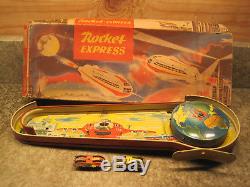 VINTAGE TECHNOFIX ROCKET EXPRESS TIN WIND-UP TOY With 2 CARS GERMANY ORIGINAL BOX