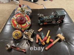 VINTAGE Toy Lot, Tin Train, Tops, Etc
