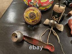 VINTAGE Toy Lot, Tin Train, Tops, Etc