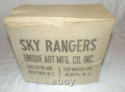 VINTAGE UNIQUE ART SKY RANGERS TIN WIND UP TOY PLANE & ZEPPELIN WithBOX