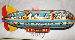 VINTAGE UNIQUE ART SKY RANGERS TIN WIND UP TOY PLANE & ZEPPELIN WithBOX