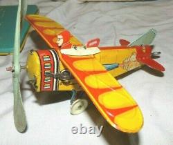 VINTAGE UNIQUE ART SKY RANGERS TIN WIND UP TOY PLANE & ZEPPELIN WithBOX