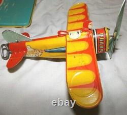 VINTAGE UNIQUE ART SKY RANGERS TIN WIND UP TOY PLANE & ZEPPELIN WithBOX