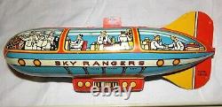 VINTAGE UNIQUE ART SKY RANGERS TIN WIND UP TOY PLANE & ZEPPELIN WithBOX