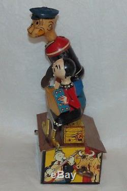 VTG 1936 Popeye & Olive Oyl Mechanical Tin Litho Wind Up Marx Jigger Dancing Toy