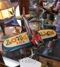 VTG 1940s Popeye the Pilot in Airplane Marx Toy Co. Wind Up Tin Toy