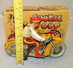 VTG 1940s Rookie Cop Tin Litho Police Motorcycle Cop Key Wind Toy WithBox HTF ORIG