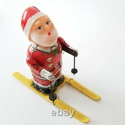 VTG Japan BANDAI Toy Tin Wind-Up SANTA on Skis Skiing Celluloid Head 5