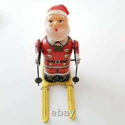 VTG Japan BANDAI Toy Tin Wind-Up SANTA on Skis Skiing Celluloid Head 5