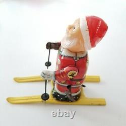 VTG Japan BANDAI Toy Tin Wind-Up SANTA on Skis Skiing Celluloid Head 5