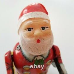 VTG Japan BANDAI Toy Tin Wind-Up SANTA on Skis Skiing Celluloid Head 5