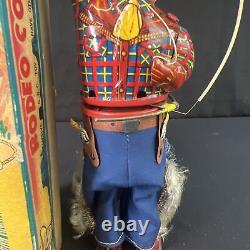 VTG Tin Wind Up Toy Mechanical Rodeo Cowboy Rope Spinner ALPS Japan in Box