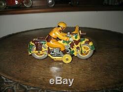 Very Nice Old Wind Up Motorcycle Japan Kt Military Camo Tinplate Vintage Tin Toy