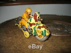 Very Nice Old Wind Up Motorcycle Japan Kt Military Camo Tinplate Vintage Tin Toy