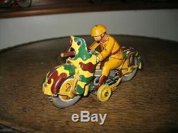 Very Nice Old Wind Up Motorcycle Japan Kt Military Camo Tinplate Vintage Tin Toy