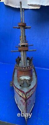 Very Rare Circa 1900-1920 Tin Wind Up Clockwork German Battleship Working