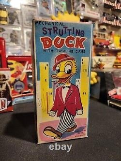 Very Rare Strutting Duck Mechanical Wind Up Toy Twirling Cane Made In Japan Mib