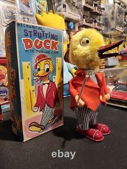 Very Rare Strutting Duck Mechanical Wind Up Toy Twirling Cane Made In Japan Mib