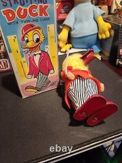 Very Rare Strutting Duck Mechanical Wind Up Toy Twirling Cane Made In Japan Mib