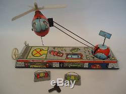 Very Rare Vintage Helicopter Station Wind Up Litho Tin Toy Hungary 60s + BOX