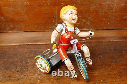 Vintage 1930's Kiddy Cyclist Unique Art Mfg Co Wind Up Tin Toy Tricycle with Box