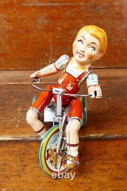 Vintage 1930's Kiddy Cyclist Unique Art Mfg Co Wind Up Tin Toy Tricycle with Box