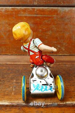 Vintage 1930's Kiddy Cyclist Unique Art Mfg Co Wind Up Tin Toy Tricycle with Box