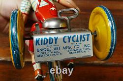 Vintage 1930's Kiddy Cyclist Unique Art Mfg Co Wind Up Tin Toy Tricycle with Box