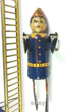 Vintage 1930's MARX Toys Climbing Fireman Wind Up Tin Metal Toy (WORKS)
