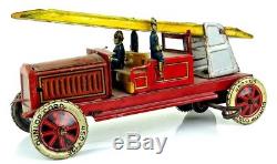 Vintage 1930s Distler German Tin Fire Engine Ladder Truck w Firemen WORKING