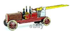 Vintage 1930s Distler German Tin Fire Engine Ladder Truck w Firemen WORKING