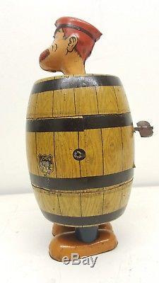 Vintage 1930s J. Chein Barnacle Bill In Barrel Tin Litho Wind-up Walker Toy