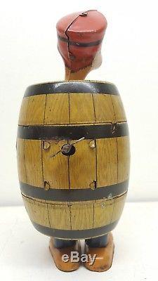Vintage 1930s J. Chein Barnacle Bill In Barrel Tin Litho Wind-up Walker Toy