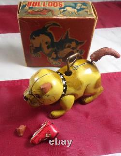 Vintage 1930s Japan Tin Wind-up Toy Bonzo Bulldog Crazy Tail Shoe Original Box