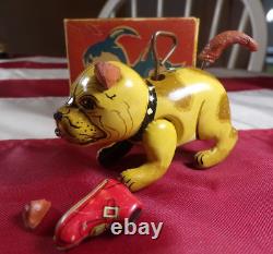 Vintage 1930s Japan Tin Wind-up Toy Bonzo Bulldog Crazy Tail Shoe Original Box