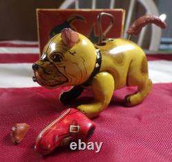 Vintage 1930s Japan Tin Wind-up Toy Bonzo Bulldog Crazy Tail Shoe Original Box