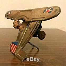 Vintage 1930s Marx Army Looping Roll Over Airplane Wood Wheels Tin Litho WindUp