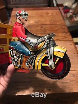 Vintage 1930s Marx Tin Litho Wind-Up Speed Boy Delivery Motorcycle and Courier