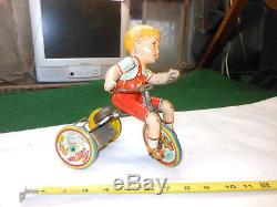 Vintage 1930s Unique Art Kiddy Cyclist Mechanical Litho Wind Up Tin Toy