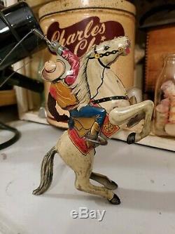 Vintage 1938 MARX LONE RANGER on SILVER TIN LITHO WIND-UP LASSO TOY Works Partly