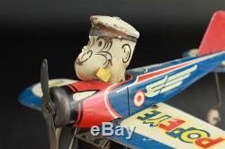 Vintage 1940's Marx Popeye The Pilot Tin Windup Toy Plane Working 7 Long