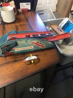 Vintage 1940's Tin Wind Up WOLVERINE Jet Roller Coaster Toy & Car, Made in USA
