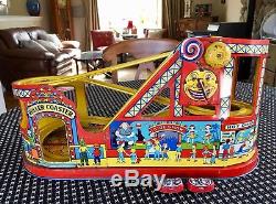 Vintage 1940s J. Chein Wind Up Tin Litho Rollercoaster with 2 Cars