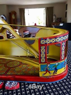 Vintage 1940s J. Chein Wind Up Tin Litho Rollercoaster with 2 Cars