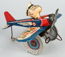 Vintage 1940s Marx Wind Up Tin Toy Popeye The Pilot Airplane