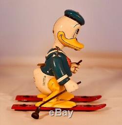 Vintage 1950 Donald Duck On Skis Linemar Toys Japan Wind Up Tin Lithograph