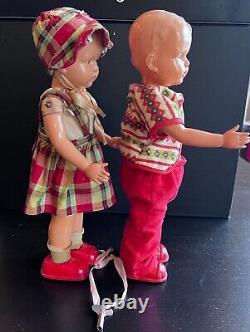 Vintage 1950 JAPAN Key Wind Up Celluloid Tin Metal Walking DOLLS MASUDAYA Works