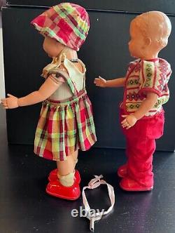 Vintage 1950 JAPAN Key Wind Up Celluloid Tin Metal Walking DOLLS MASUDAYA Works